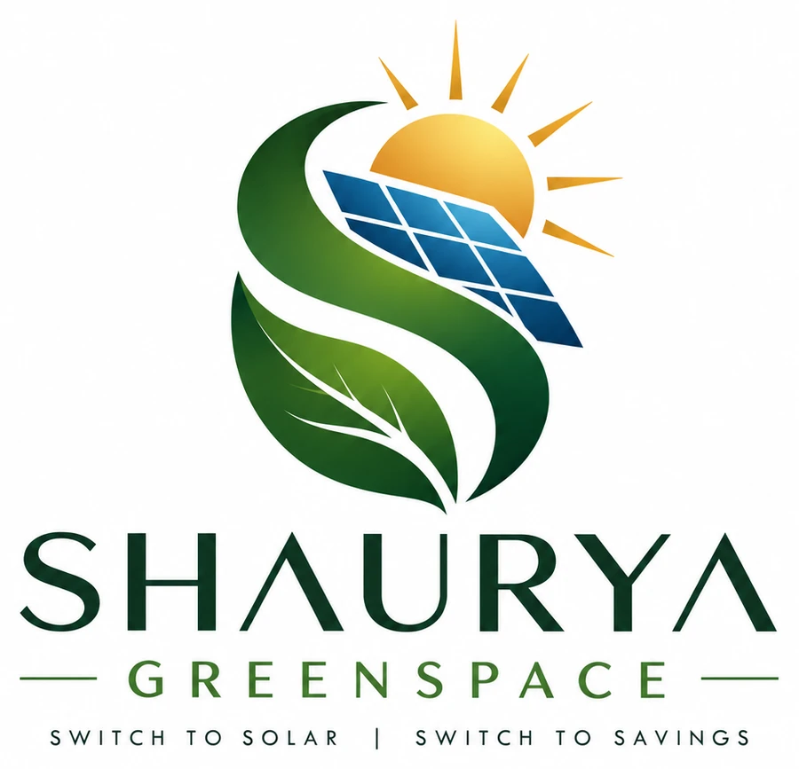 Shaurya Greenspace logo: a green S-shaped leaf curve, a solar panel and a rising sun